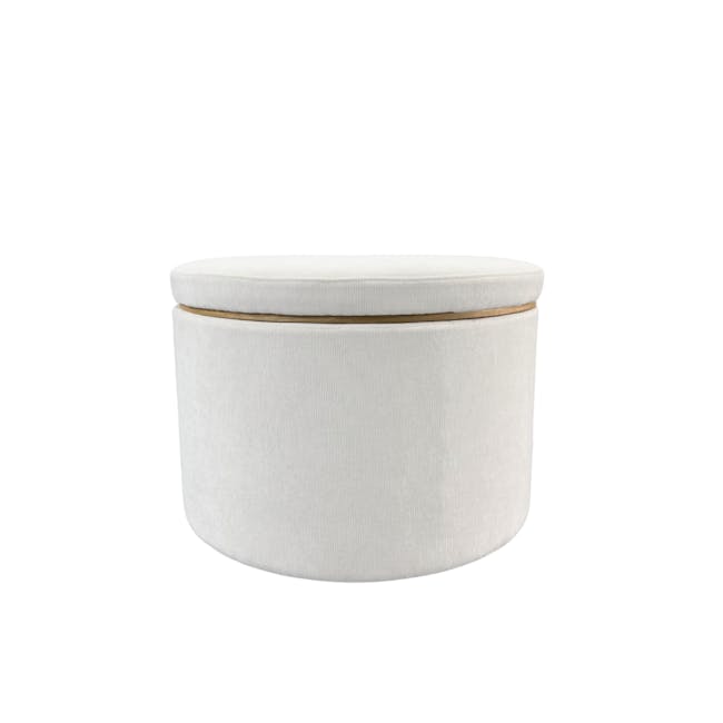 Justin Storage Ottoman - White - 1 - White upholstered stool, minimalist design, round shape, fabric upholstery, soft
