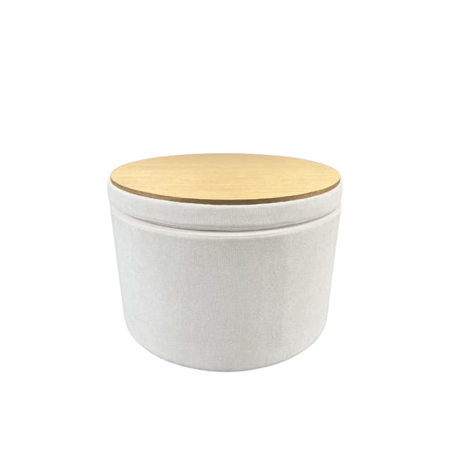 Justin Storage Ottoman - White - 2 - Wooden lid, light gray fabric, modern design, cylindrical shape, minimalist style, soft