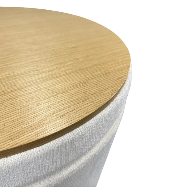 Justin Storage Ottoman - White - 4 - Wooden table with smooth surface, light brown finish, circular shape, white fabric
