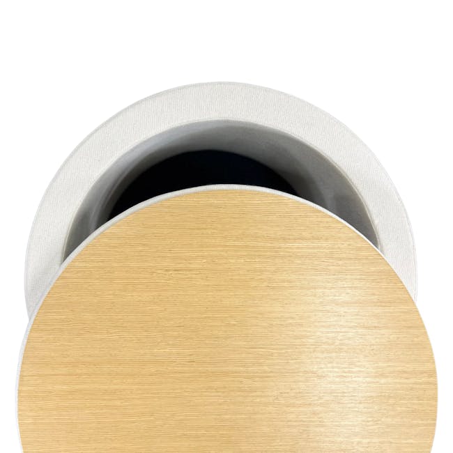 Justin Storage Ottoman - White - 6 - Wooden surface, roll of tape, light beige, circular shape, textured, smooth finish
