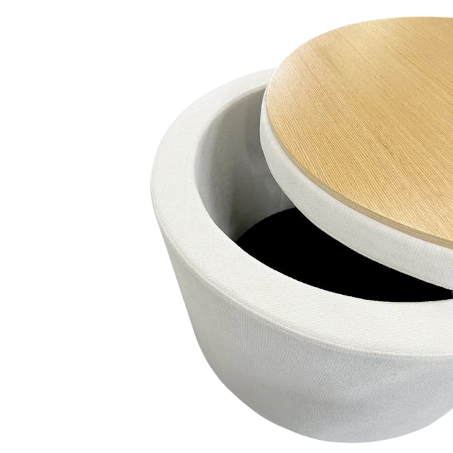 Justin Storage Ottoman - White - 5 - Wooden round table with fabric cushion, minimalist design, light wood top, natural