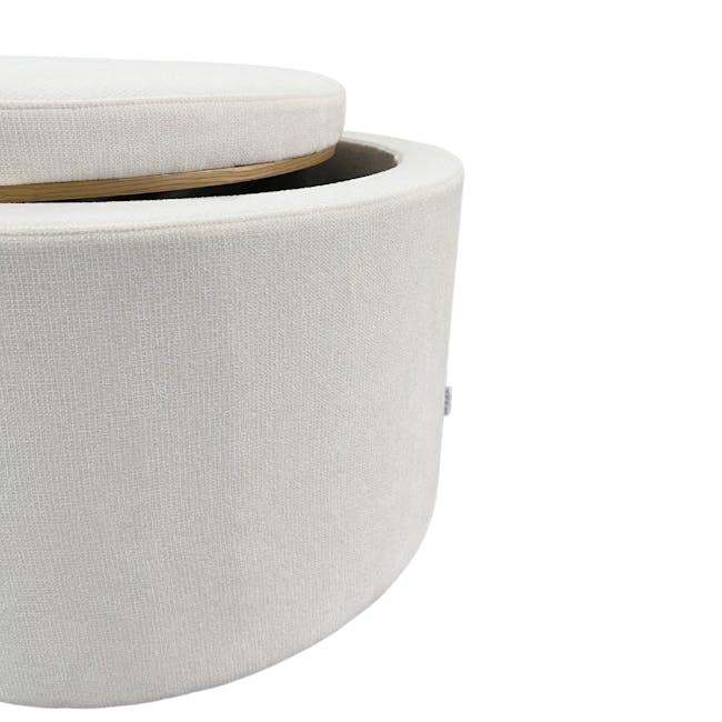 Justin Storage Ottoman - White - 3 - White fabric ottoman, minimalist design, round shape, upholstered top, wooden rim, soft
