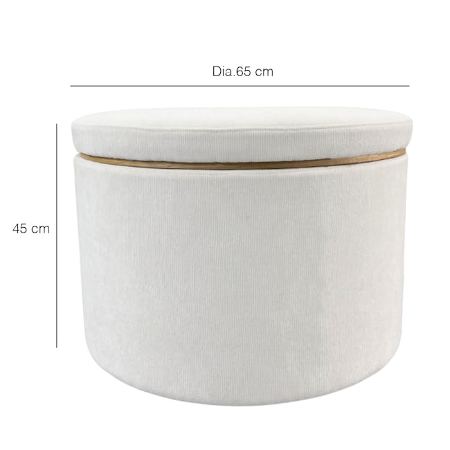 Justin Storage Ottoman - White - 11 - Round cushion, white fabric, cylindrical shape, 65 cm diameter, 45 cm height