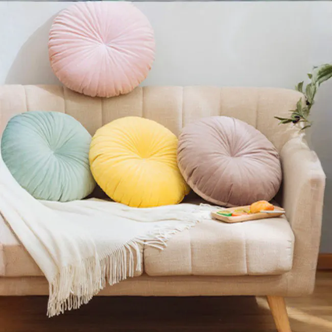 Fenni Round Velvet Cushion - Mint - 3 - Soft, pastel-colored cushions, beige sofa, cozy seating area, decorative pillows