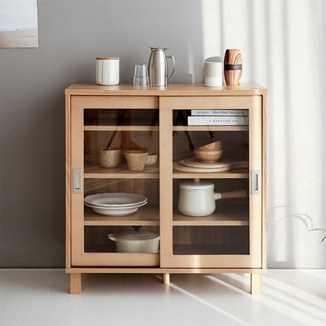 Salleys 2 Door Cabinet 0.8m - Oak - 13 - Wooden cabinet with glass doors, minimalist design, light wood finish, built-in