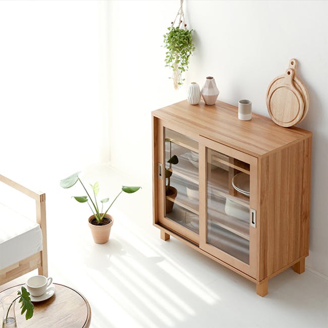 Salleys 2 Door Cabinet 0.8m - Oak - 11 - Wooden cabinet, minimalist design, natural light, potted plants, modern decor, open