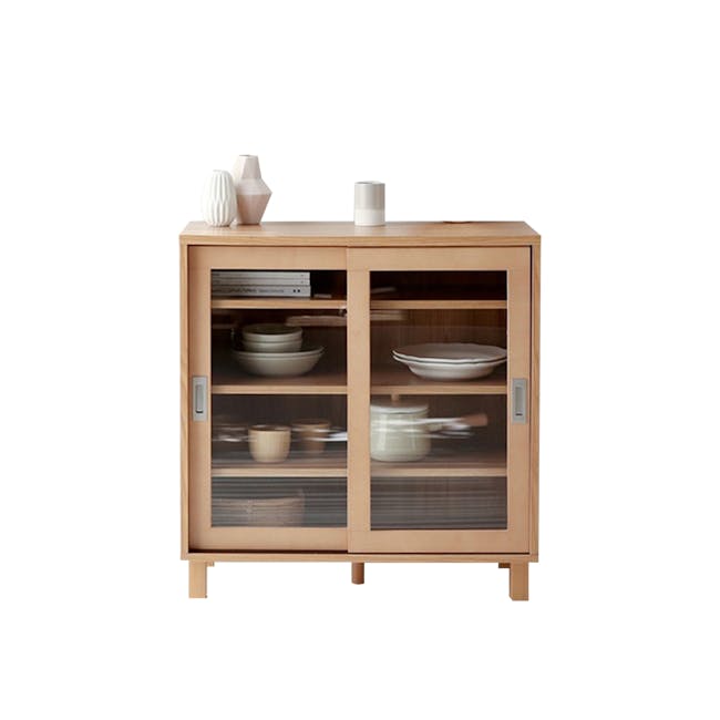 Salleys 2 Door Cabinet 0.8m - Oak - 1 - Wooden kitchen cabinet, minimalist design, glass doors, open shelving, decorative