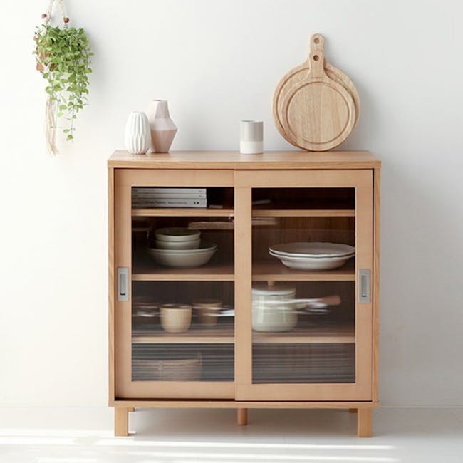 Salleys 2 Door Cabinet 0.8m - Oak - 6 - Wooden kitchen cabinet, minimalist design, open shelves, glass doors, decorative