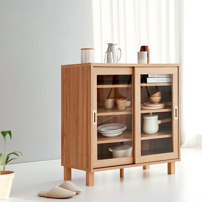 Salleys 2 Door Cabinet 0.8m - Oak - 2 - Wooden cabinet, minimalist design, glass doors, open shelf, decorative items