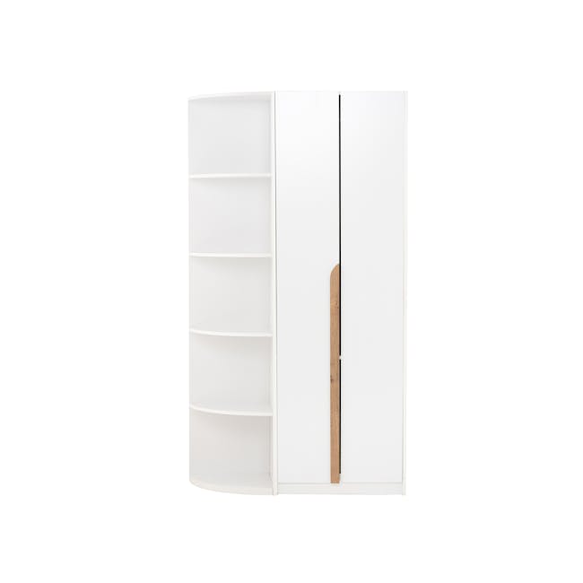 Miah Wardrobe Open Shelves Extension - White - 3 - White minimalist shelving unit, open door, wooden handle, clean design