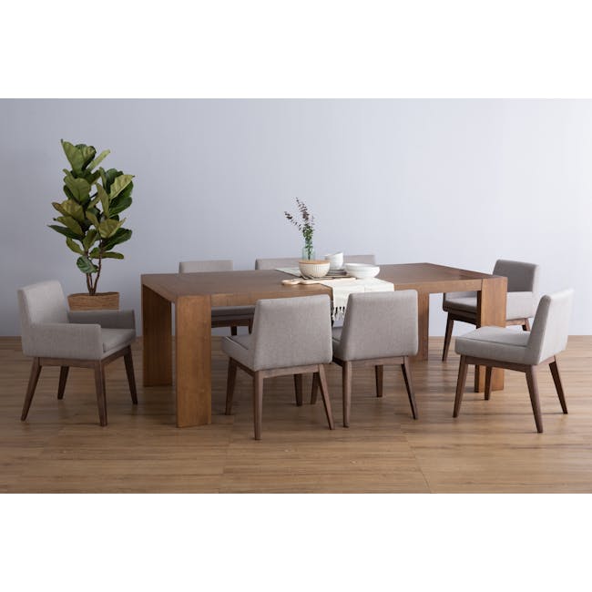 Fabian Dining Armchair - Cocoa, Light Grey (Fabric) - 6 - Modern dining room with wooden table and chairs, light gray