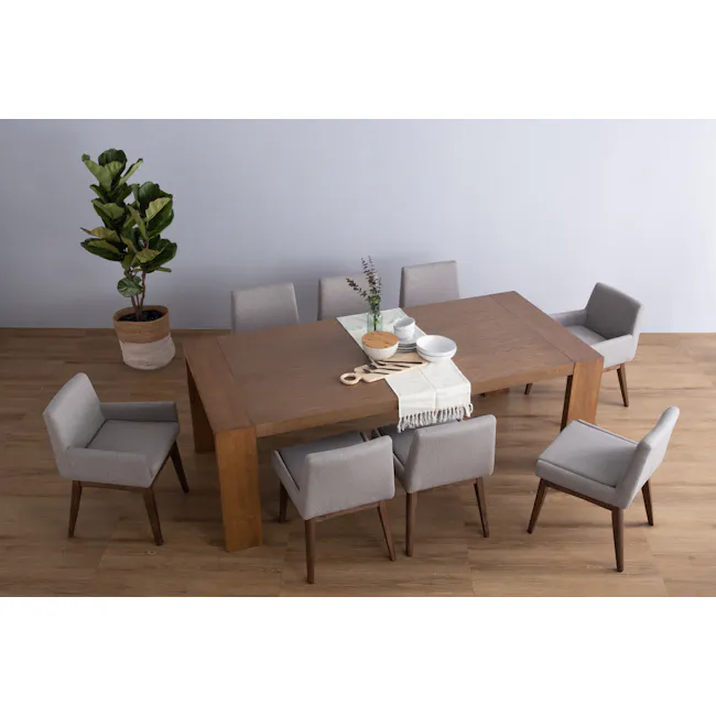 Fabian Dining Armchair - Cocoa, Light Grey (Fabric) - 4 - Modern dining room with wooden table and chairs, minimalist