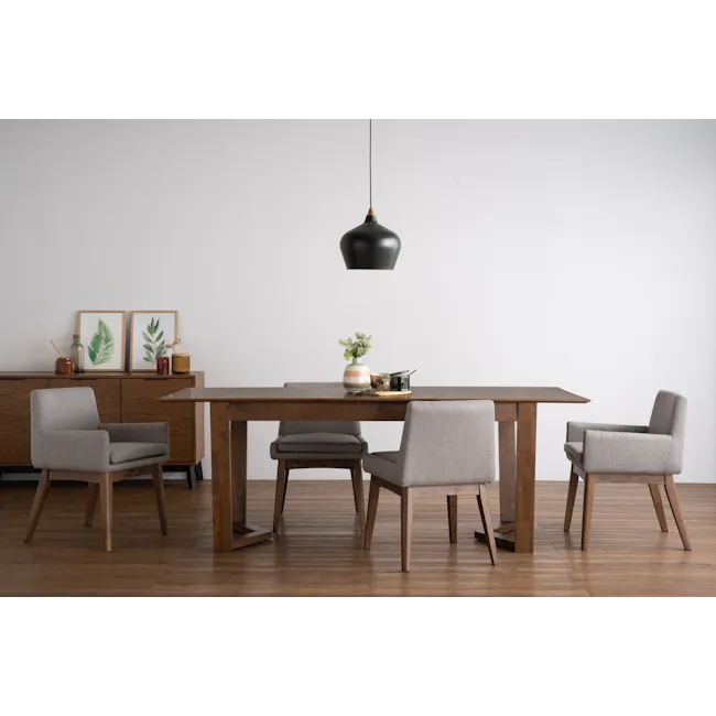 Fabian Dining Armchair - Cocoa, Light Grey (Fabric) - 5 - Modern dining room with wooden table and chairs, minimalist decor