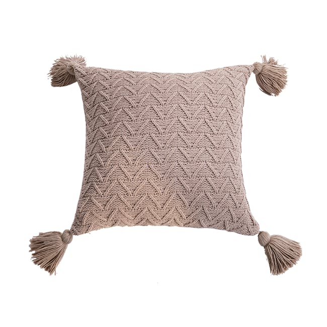 Elly Knitted Cushion Cover with Tassels - Taupe - 0