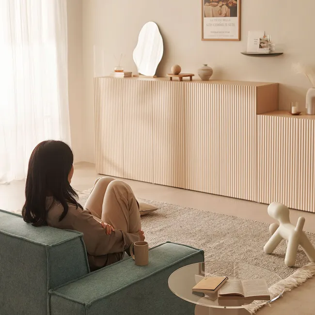 Heidi Cabinet 1.2m - Oak - 3 - Minimalist living room, cozy seating, modern decor, soft lighting, neutral color palette