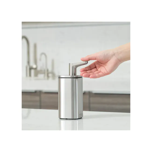 simplehuman Pulse Pump 10oz - 5 - silver faucet, stainless steel design, modern kitchen, hand holding faucet handle, sleek