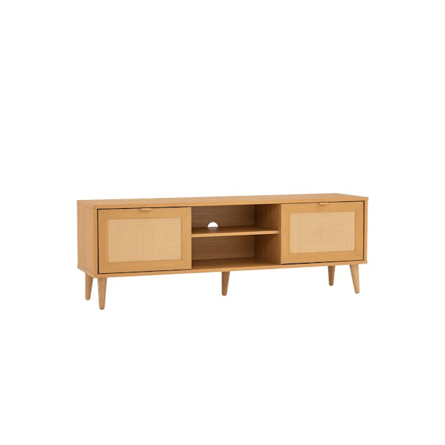 Dayne Rattan TV Console 1.5m - 6 - Wooden sideboard, light wood finish, open shelving, minimalist design, two-tone color