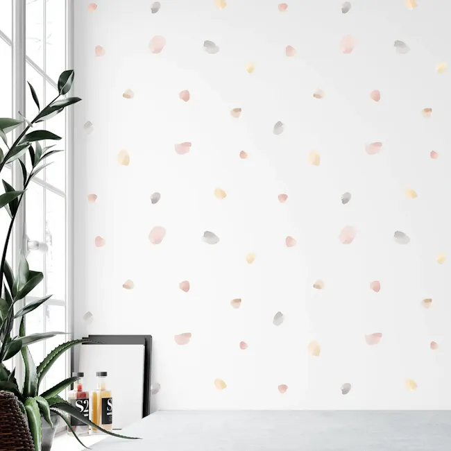 Urban Li'l Relaxing Abstract Blobs Wall Decal - Blush - 1 - White wall with abstract watercolor drops, modern interior