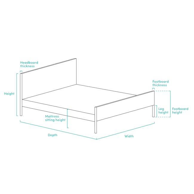 Hiro Single Wooden Platform Bed - 11 - Mattress sitting height, Headboard thickness, Pillow height, Footboard height, Leg