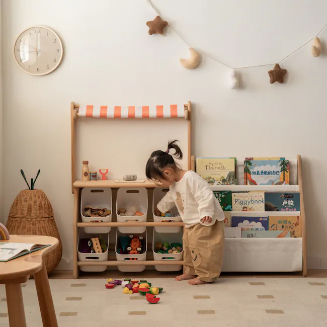 Micah Kids Storage Book Shelf Rack - 14 - Children's room, child's toys, colorful toys, wooden shelf, orange and white