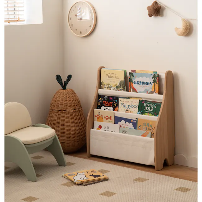 Micah Kids Storage Book Shelf Rack - 2 - Children's bookshelf, children's books, cozy room, wall clock, window with blinds