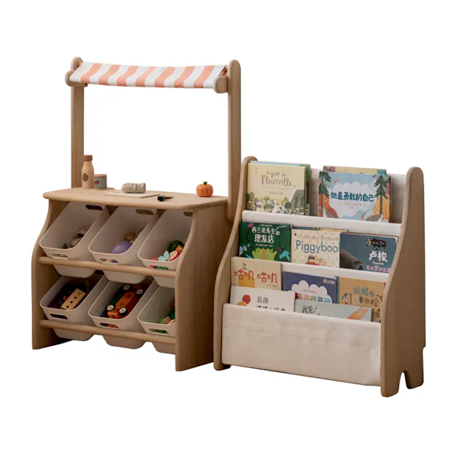 Micah Kids Storage Book Shelf Rack - 18 - Wooden play shelf, children's storage, colorful bins, educational books, puzzles