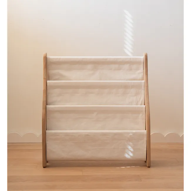 Micah Kids Storage Book Shelf Rack - 7 - Wooden bench, beige fabric, soft lighting, minimalist design, natural wood finish