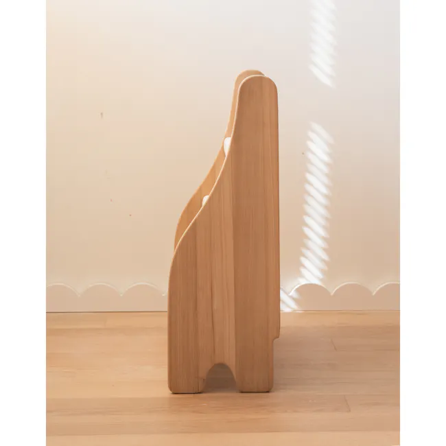 Micah Kids Storage Book Shelf Rack - 10 - Wooden chair, minimalist design, natural wood finish, soft lighting, serene