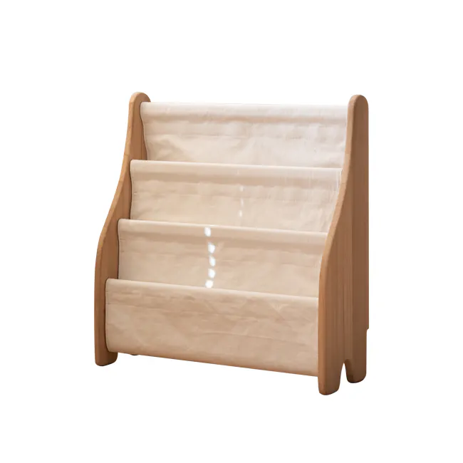 Micah Kids Storage Book Shelf Rack - 1 - Wooden chair, beige upholstery, minimalist design, soft lighting, natural wood
