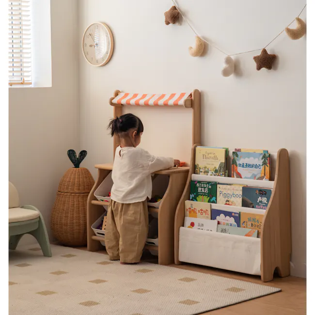 Micah Kids Storage Book Shelf Rack - 16 - Children's room, cozy corner, wooden shelf, colorful books, stuffed toys, soft
