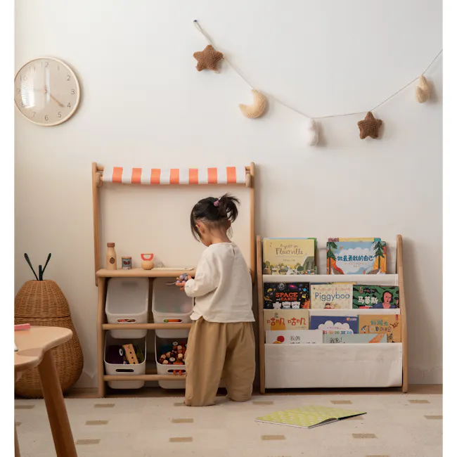 Micah Kids Storage Book Shelf Rack - 19 - Wooden shelf, children's room, child's activity, colorful books, "A year in