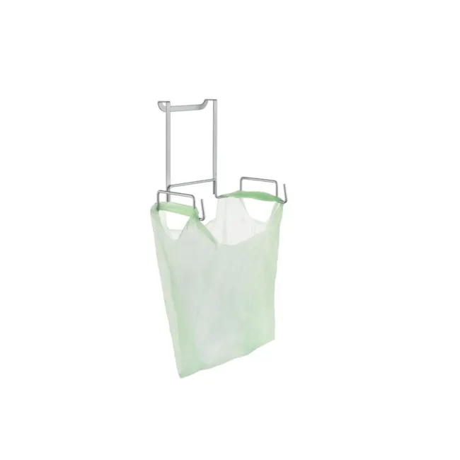 Metaltex Plastic Bag Holder - Silver - 2 - Green mesh laundry basket, metal rack, hanging laundry organizer, plastic bag