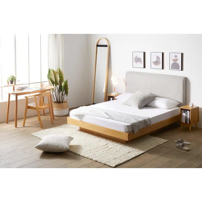 (As-is) Swivo Table 1.2m - Natural - 6 - Wooden floor, light-colored rug, minimalist bed, wooden headboard, white bedding