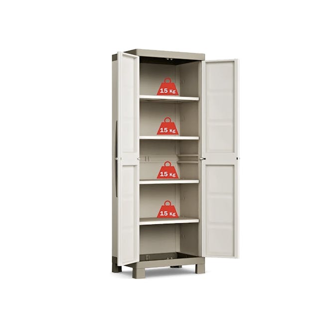 Excellence Utility Cabinet - 5 - White, open, tall cabinet with multiple shelves, Red, 15 kg weight bags on the cabinet