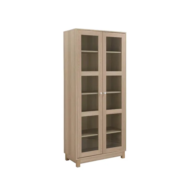 Niko Glass Cabinet - Ash Oak - 8 - Wooden, light brown, tall, open shelving, glass panels, minimalist, modern, functional