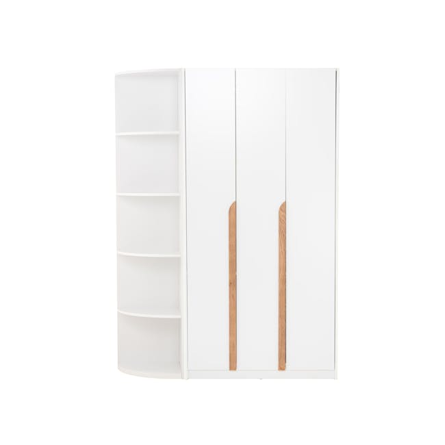 Miah 3 Door Wardrobe with Open Shelves - White - 2 - White minimalist shelving unit, wooden accents, clean design, modern
