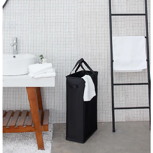 Mason Slim Laundry Hamper - Beige - 4 - White sink, black laundry basket, wooden shelf, white towels, black ladder, white
