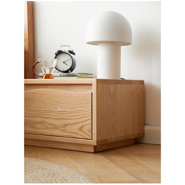 Elias Low Bedside Table - 16 - Wooden nightstand, white lampshade, wooden drawer, light wooden floor, wooden cabinet, wooden