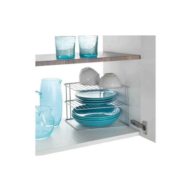 Metaltex Palio 2 Tier Corner Rack - Silver - 2 - Clear glass cups, blue glassware, modern kitchen shelf, blue and white