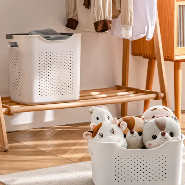 Elysian Laundry Basket - Shallow - 4 - White laundry basket, wooden shelf, plush toys, cute animal plushies, soft toy