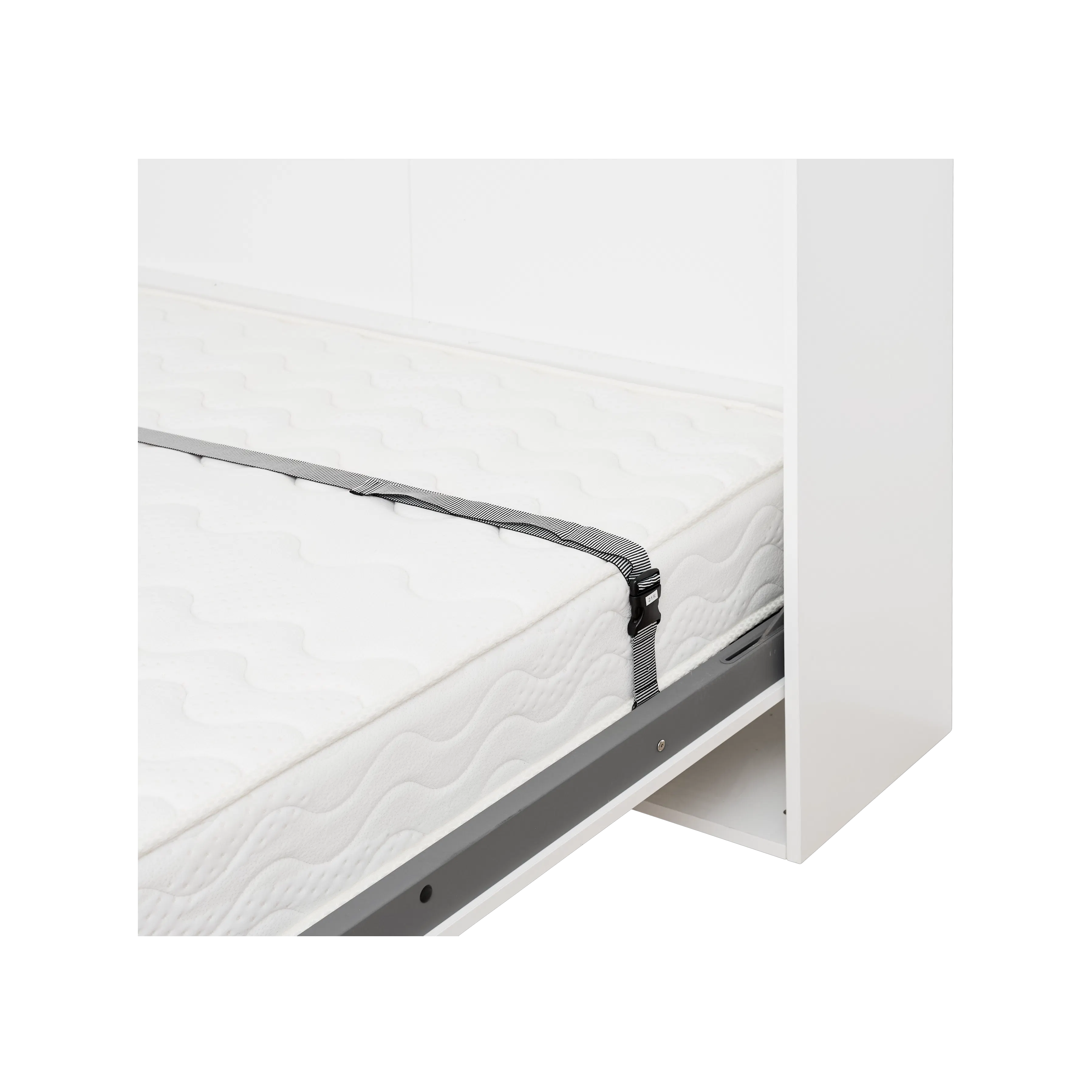 Llyod Super Single Vertical Wall Bed - White - 12 - White mattress with black strap, minimalist bed frame, ergonomic