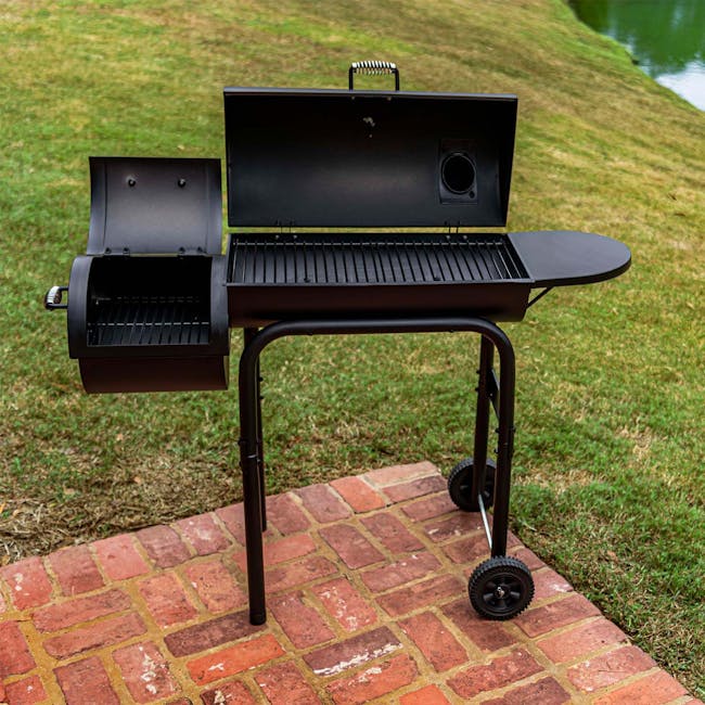 Char-Broil American Gourmet 430 Offset Smoker BBQ Charcoal Grill - 5 - Grassy lawn, outdoor setting, black barbecue grill