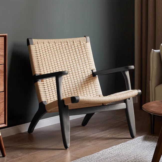 Gretta Rattan Lounge Chair - Black Ash - 2 - Wicker armchair, dark wooden legs, textured fabric, natural wood finish