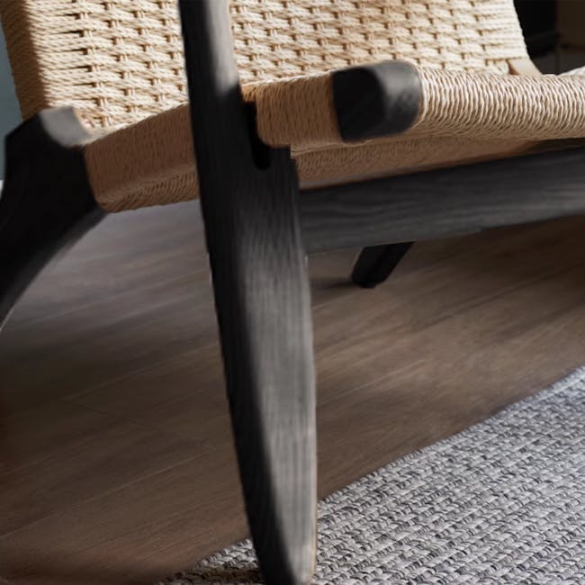 Gretta Rattan Lounge Chair - Black Ash - 4 - Wicker chair with dark wooden legs, woven fabric seat, natural wood finish