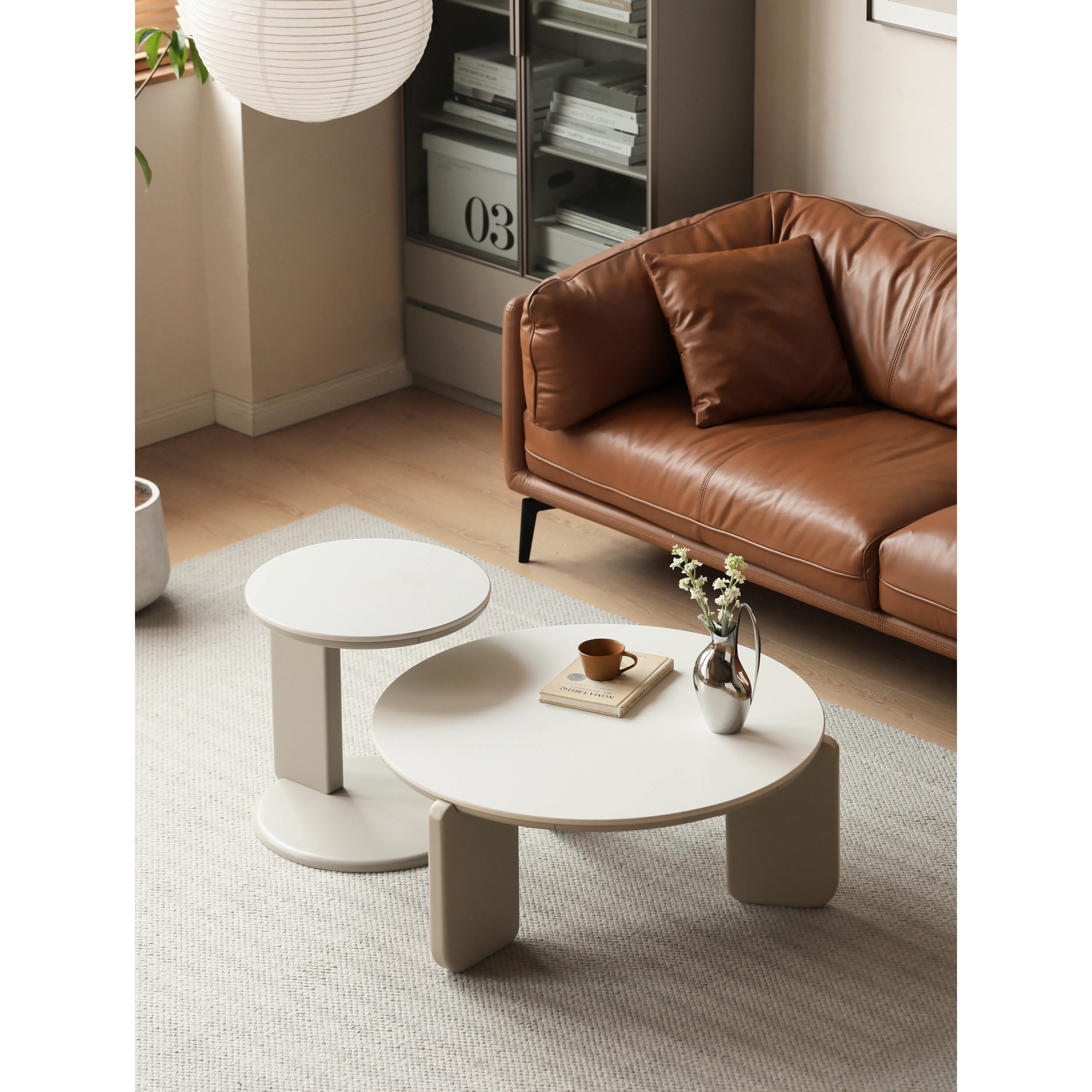 Blair Round Side Table - Grey, Sintered Stone - 9 - Modern living room, minimalist design, cozy atmosphere, brown leather