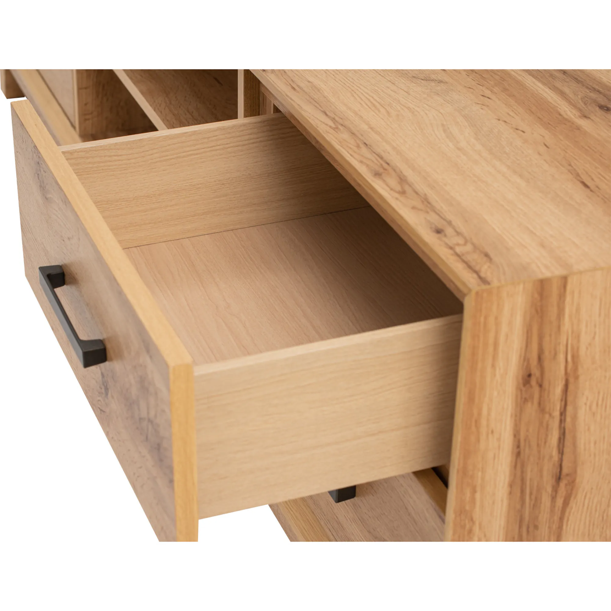 Oregon TV Console 1.65m - 10 - Wooden drawer with black handles, minimalist design, natural wood grain, clean lines, open