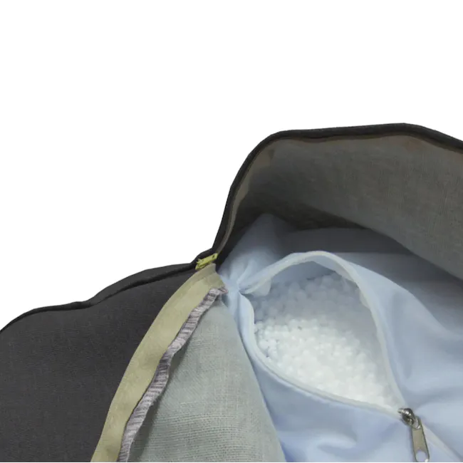 Mee Kids Bean Bag - Green - 2 - Gray and beige fabric bag, white interior, zipper closure, soft interior lining, neatly