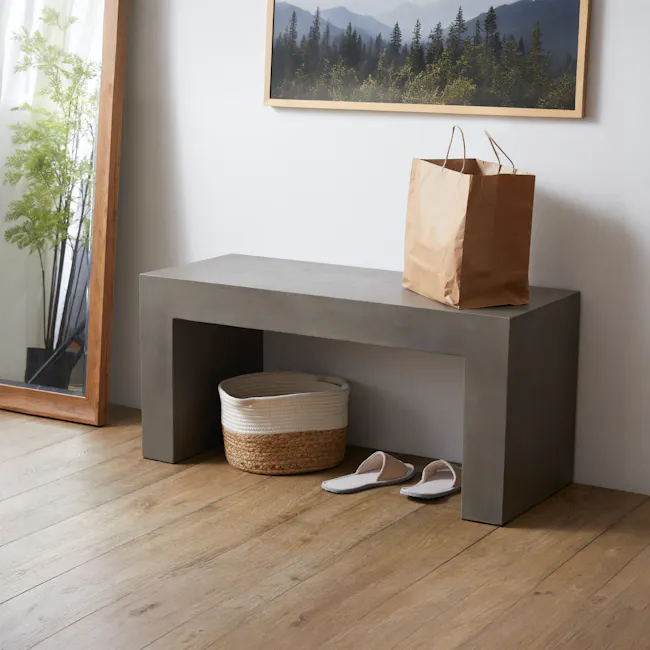 Ryland Concrete Bench 1m - 2 - modern minimalist interior, wooden table, woven basket, slippers, soft lighting, natural