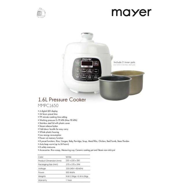 Mayer 1.6L Electric Pressure Cooker MMPC1650 - 4