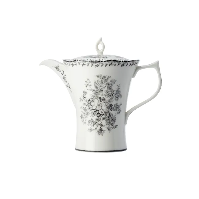 Luzerne Lancaster Garden Beverage Pot - Grey (2 Sizes) - 1 - White enamel pitcher, elegant floral design, intricate black